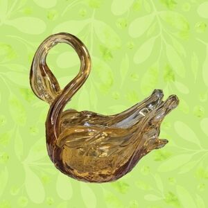 Vintage Amber Glass Swan Trinket Dish